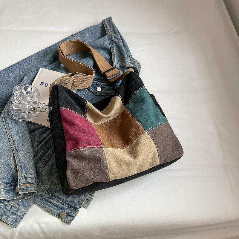 Large Capacity Stitching Contrast Canvas Bag Women's Crossbody Bag Student Class Commuter Bag