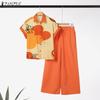 ZANZEA Women Short Sleeve Print Blouse and Pants Summer Two Piece Suit Sets