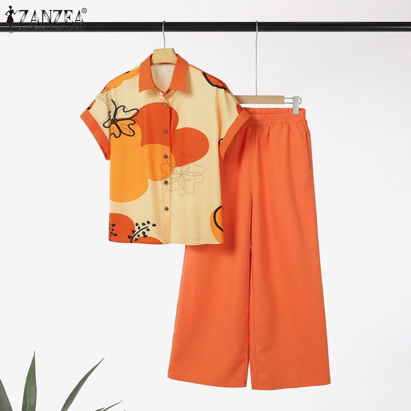 ZANZEA Women Short Sleeve Print Blouse and Pants Summer Two Piece Suit Sets