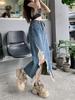 Plus Size High Waist Ripped Denim Midi Skirt - Summer Slimming A-line with Irregular Slit