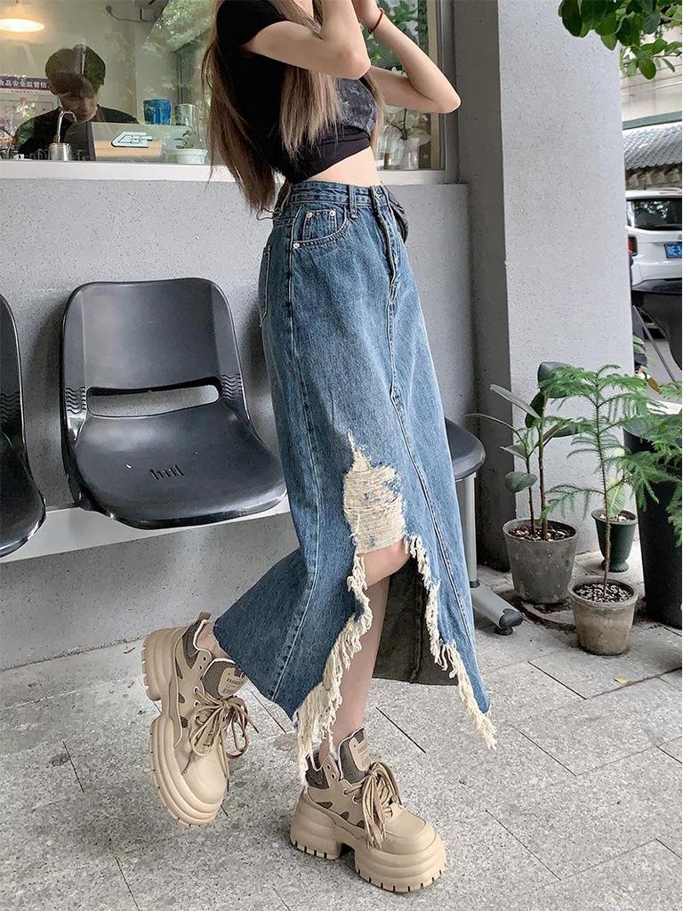 Plus Size High Waist Ripped Denim Midi Skirt - Summer Slimming A-line with Irregular Slit