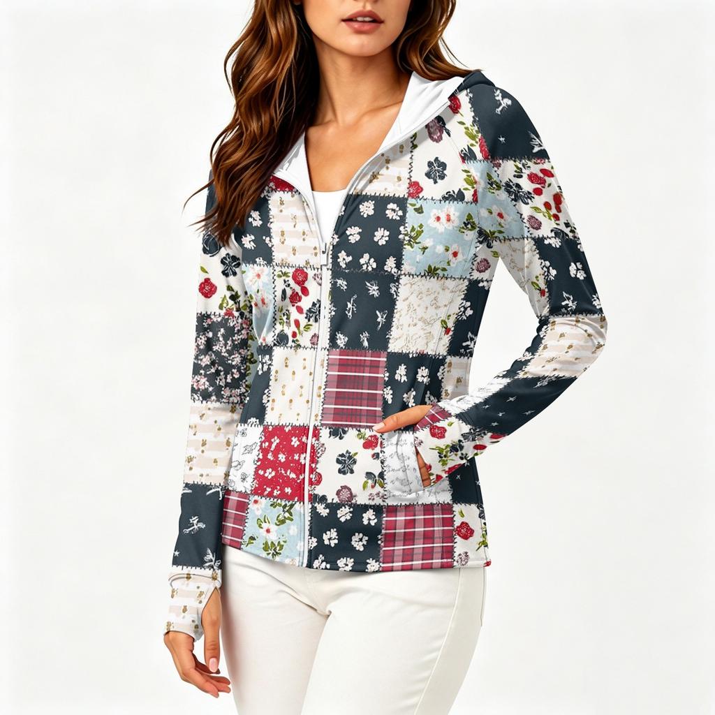 Women Lightweight Hooded Sun Protection Jacket Full Zip Long Sleeve Printed Pocket Outdoor Activewear Windbreaker