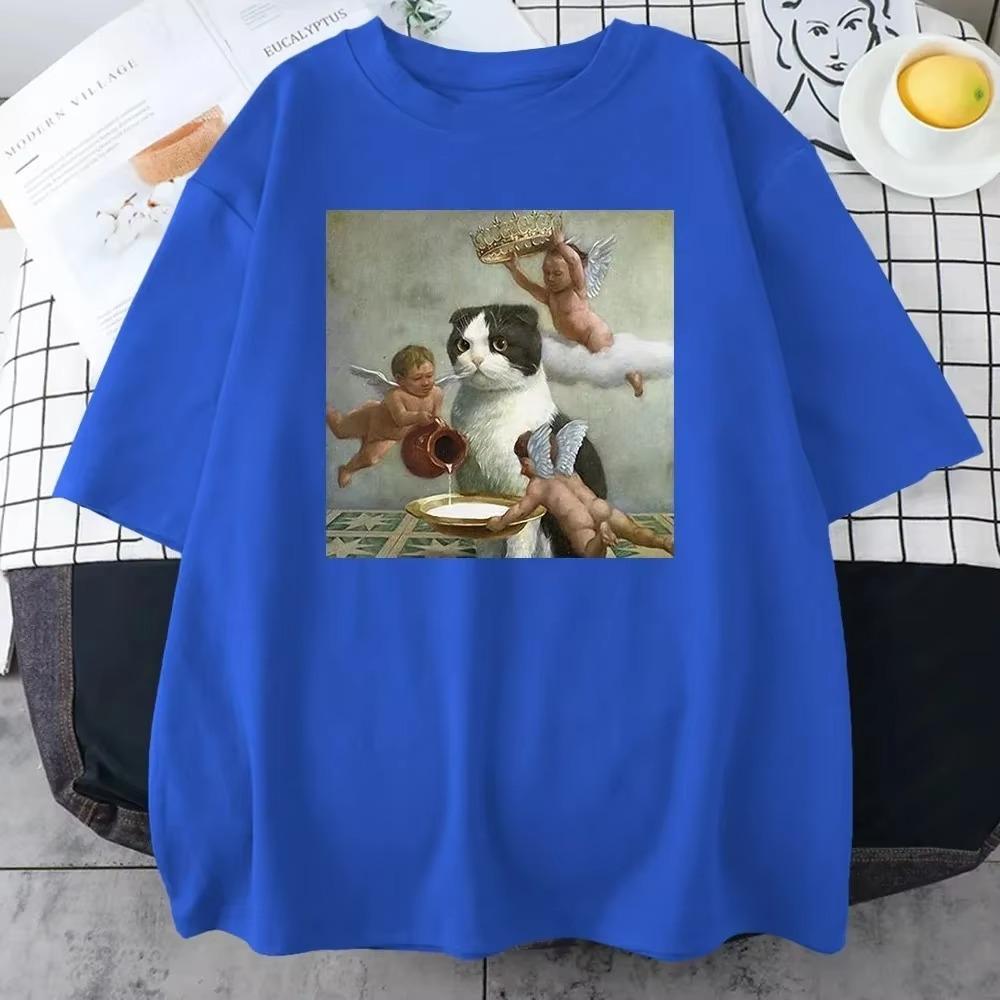 Scottish Fold Angel Crown Print Cotton Men Clothing Personality Casual Crewneck T-Shirts All-math Loose Mans Cotton Short Sleeve