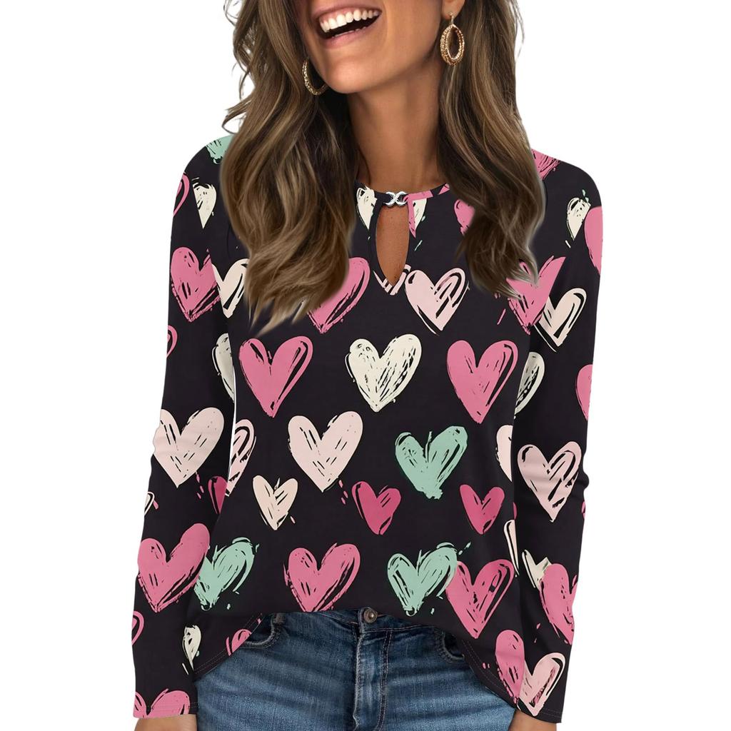 Damen Casual Rundhals Aushöhlung Langarm Valentinstag Herz-Print T-Shirt Top