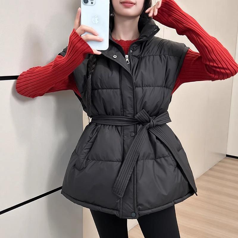 Lace-up Waist Cotton Jacket Vest Vest Women's Autumn and Winter New Stand-up Collar Loose Thickened Coat