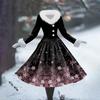 Women's Casual Dress Long-Sleeve V-Neck Patchwork Fleece Christmas Print Dress
