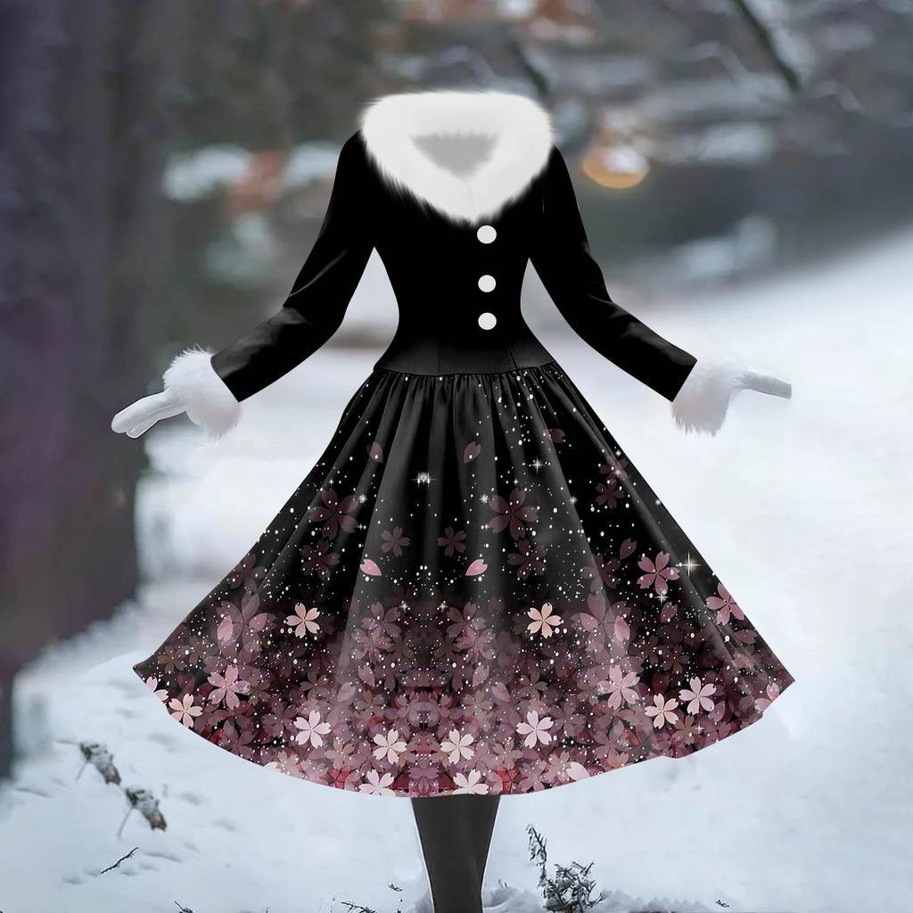 Women's Casual Dress Long-Sleeve V-Neck Patchwork Fleece Christmas Print Dress