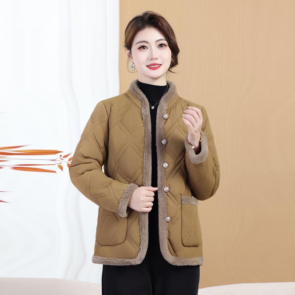 Women's Winter Cotton Jacket: Fleece-Padded, Jacquard Fabric, Age-Reducing, Warm, Chinese-Style, Enhanced Thickness.
