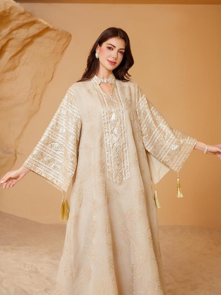 SW68 Muslim Embroidery Sequin Plus Size Women's Dubai Long Robe