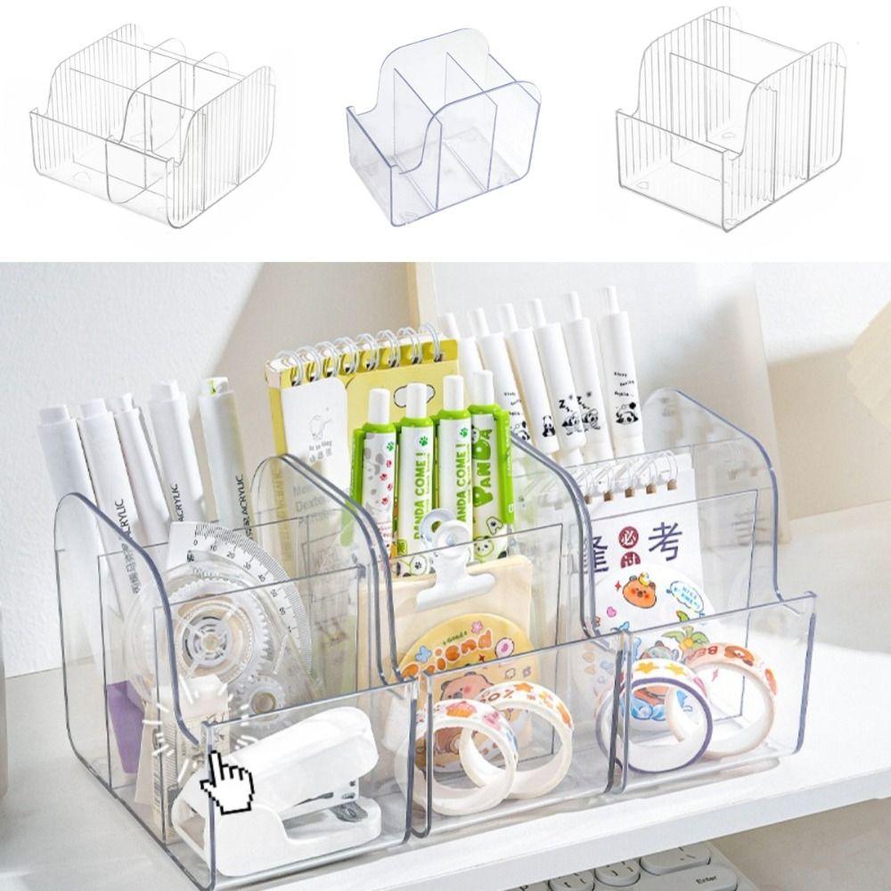 

Plastic Storage Box Three Grid Pen Container Cartoon Desktop Organizer School Office S