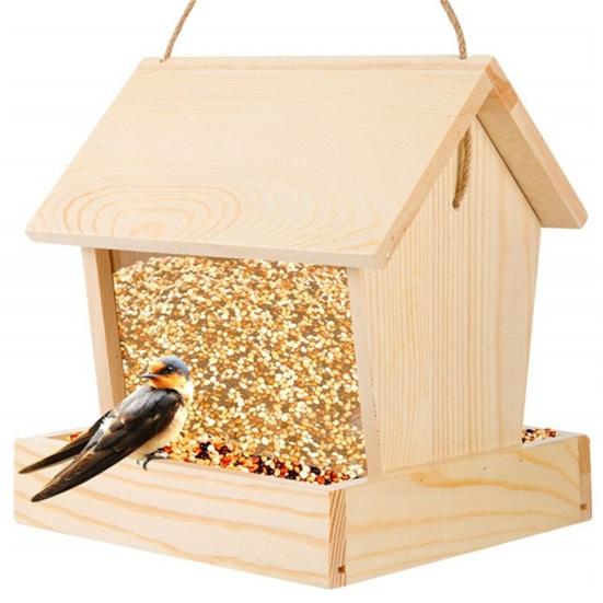 Wooden Hanging Bird Feeder with Easy-Open Roof Weatherproof Outdoor Wild Bird Feeder for Garden Patio Balcony Large Capacity Seeds Container for