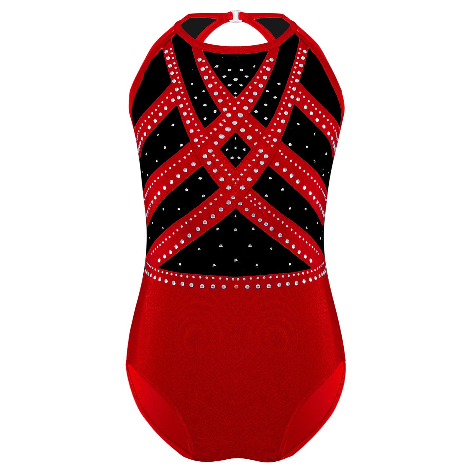 

Girls Glittery Rhinestones Gymnastics Leotard Sleeveless Keyhole Back Color Block Bodysuit 15-16 Years червоний