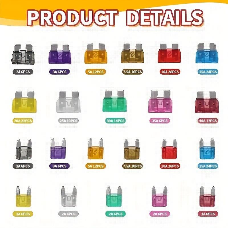 Kit Assortimento Fusibili a Lama per Auto 300 pezzi, 2A/3A/5A/7.5A/10A/15A/20A/25A/30A/35A/40A Auto Camion Automobilistico Medio Piccolo Fusibile Misto Moto