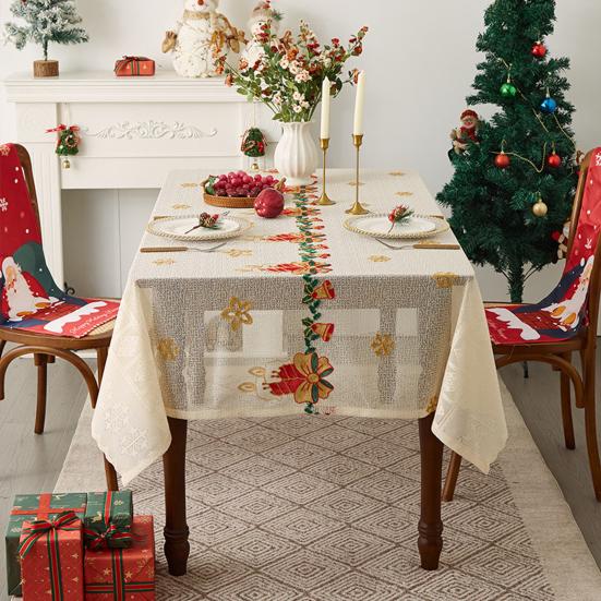 Christmas Lace Tablecloth Embroidered Santa Claus Xmas Bell Table Cloth Festive Dining Table Cover for Holiday Home Dinner Party Decor