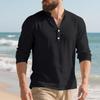 Men's Linen Long-Sleeve T-Shirt - Loose Fit Stand Collar Button Casual Long-Sleeve Top