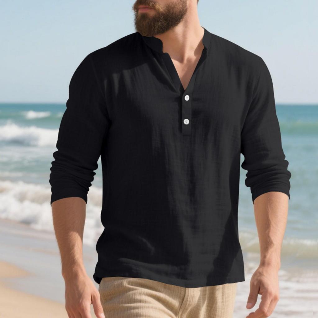 Men's Linen Long-Sleeve T-Shirt - Loose Fit Stand Collar Button Casual Long-Sleeve Top
