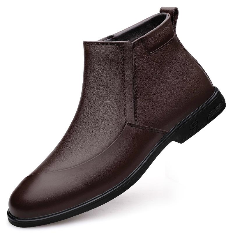 Autumn and winter men's shoes round head casual shoes business leather shoes men's first layer cowhide foot cover winter velvet snow boots men