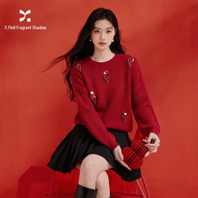 Women s Elegant Beaded Round Neck Knit Sweater S