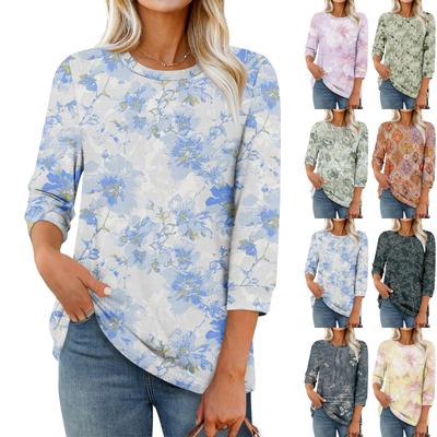 Women's Fashion Casual Round Neck 3/4 Sleeve Loose Printed T-Shirt Ladies Top