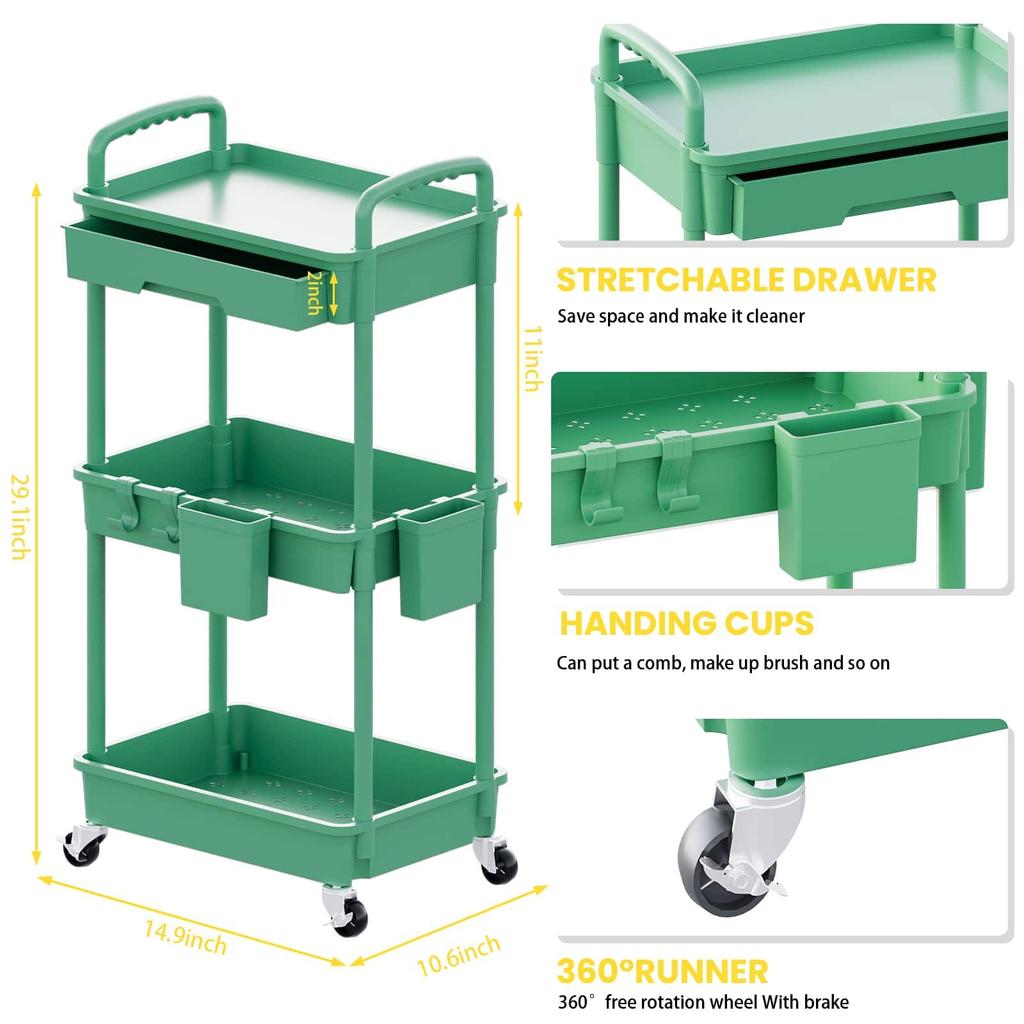 3 Tier Rolling Storage Cart With Drawers Rolling Utility Cart With Drawers,Room Decor,Bathroom Decor,Rolling Utility Cart Rolli