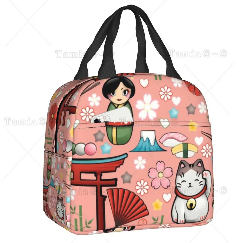 Japanese Red Sakura Kokeshi Doll Insulated Lunch Bag for Women Resuable Cute Girly Cherry Blossom Thermal Cooler Lunch Box