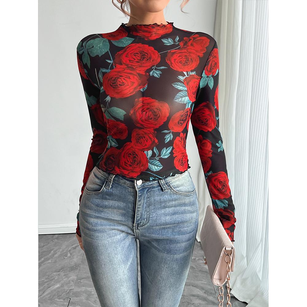 Women's Rose Print Sheer Mesh Bodysuit Mock Neck Long Sleeve See Through Bodysuits