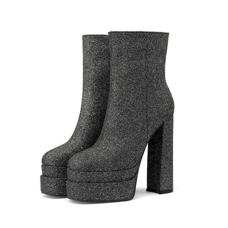 

Зимние женские ботильоны на платформе с квадратным каблуком, женские короткие сапоги с блестками, вечерние туфли 35 чёрный