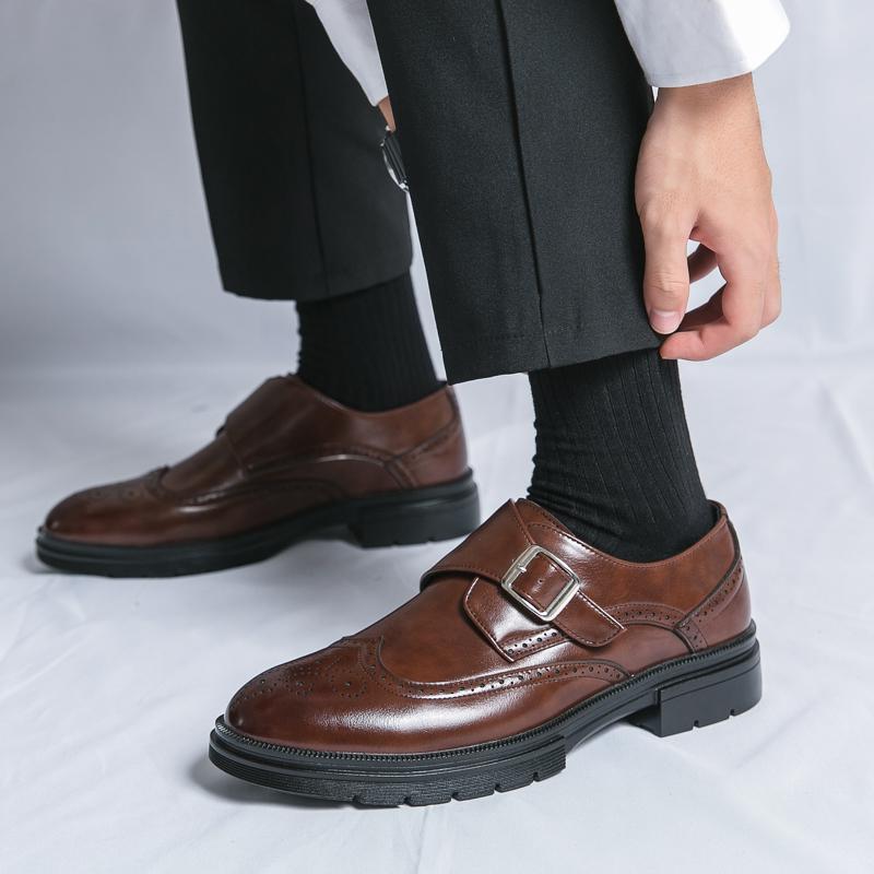 Fashionable Block Leather Shoes Spring/Summer Men Business Dress Buckle Thick Sole Increase Comfortable Round Head Leather Shoes