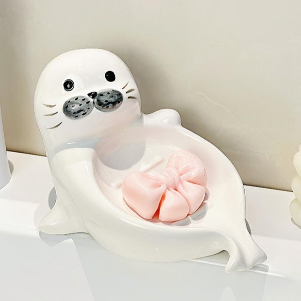 Cute Self Draining Soap Holder Drainable Bathroom Decor Organizer Sea Lion Soap Dish  for Sink