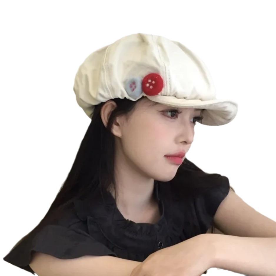 Original Japanese Retro Cotton And Linen Octagonal Hat Women'S Spring And Summer Versatile Colored Felt Button Painter Hat Literary Beret