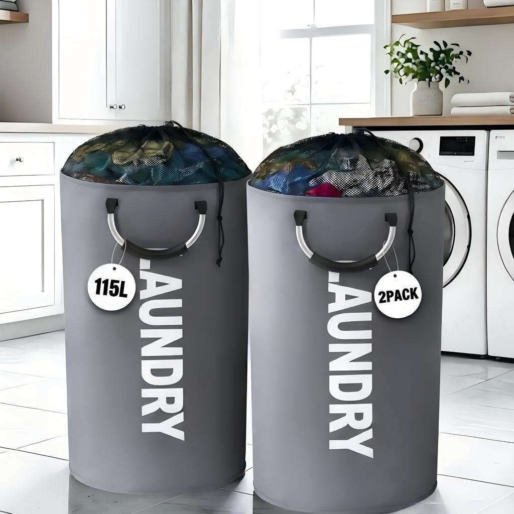 2-Pack Oxford Fabric Foldable Laundry Baskets, 25.1gal/30.38gal Clothes Storage Bins with Drawstring Closure and Ring Handles