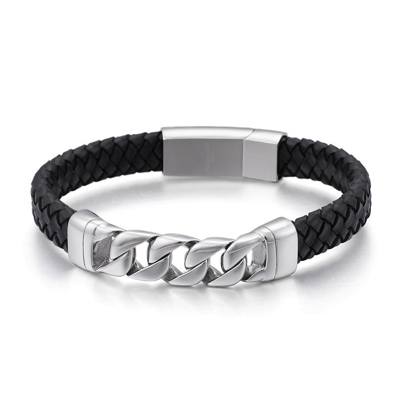 KALEN Braided Leather Stainless Steel Spring Clasp Charm Bracelet for Men 22 CM&Fashion