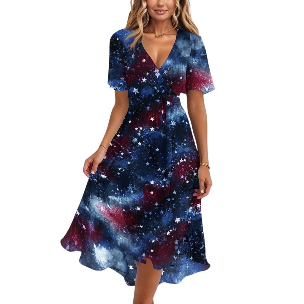 Women's Casual V-Neck Short-Sleeve Independence Day Print Dress