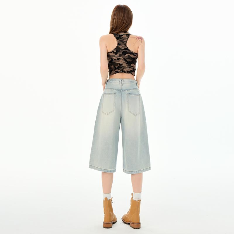 American Retro Cargo Denim Pants Women Fashion Casual Wide Leg Capri Jeans Summer Simple All Match Baggy Jeans