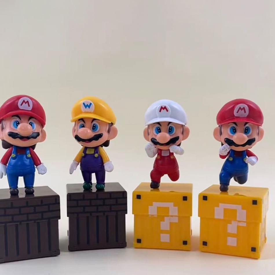 4Pcs/Set Super Mario Bros Figure Mario Wario Pvc Action Dolls With Question Block Bricks For Kids Fans Gift