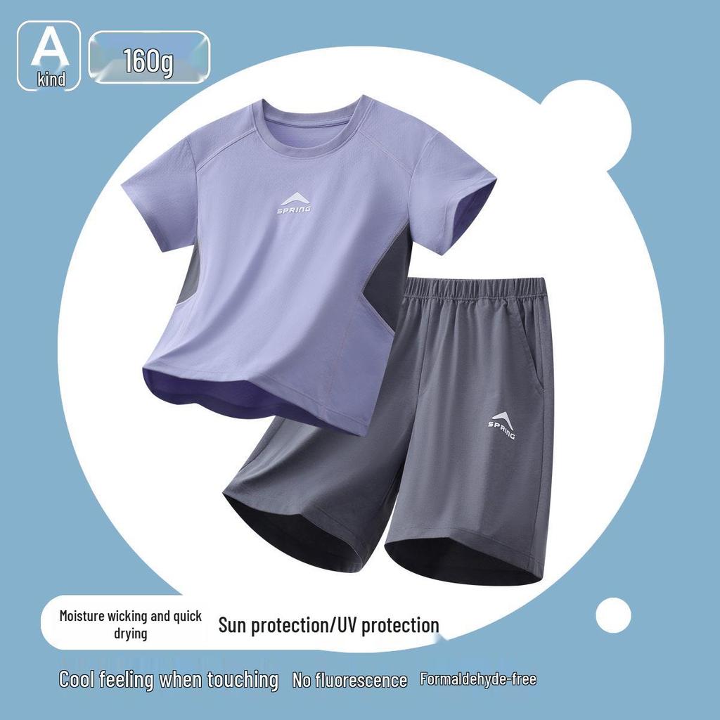 Boys' Summer Quick-Dry Sports Set - Short Sleeve & Shorts, Ice Silk, Lightweight Outdoor Wear