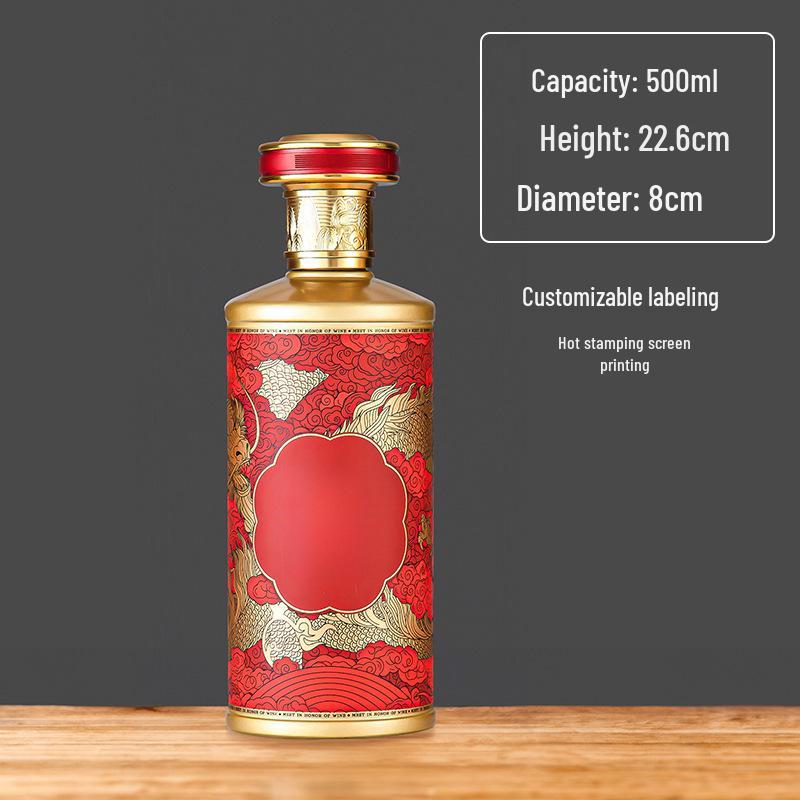 500ml Premium Dragon Design Wine Bottle - Elegant Glass Baijiu Bottle for Weddings, Customizable Logo Option Available.