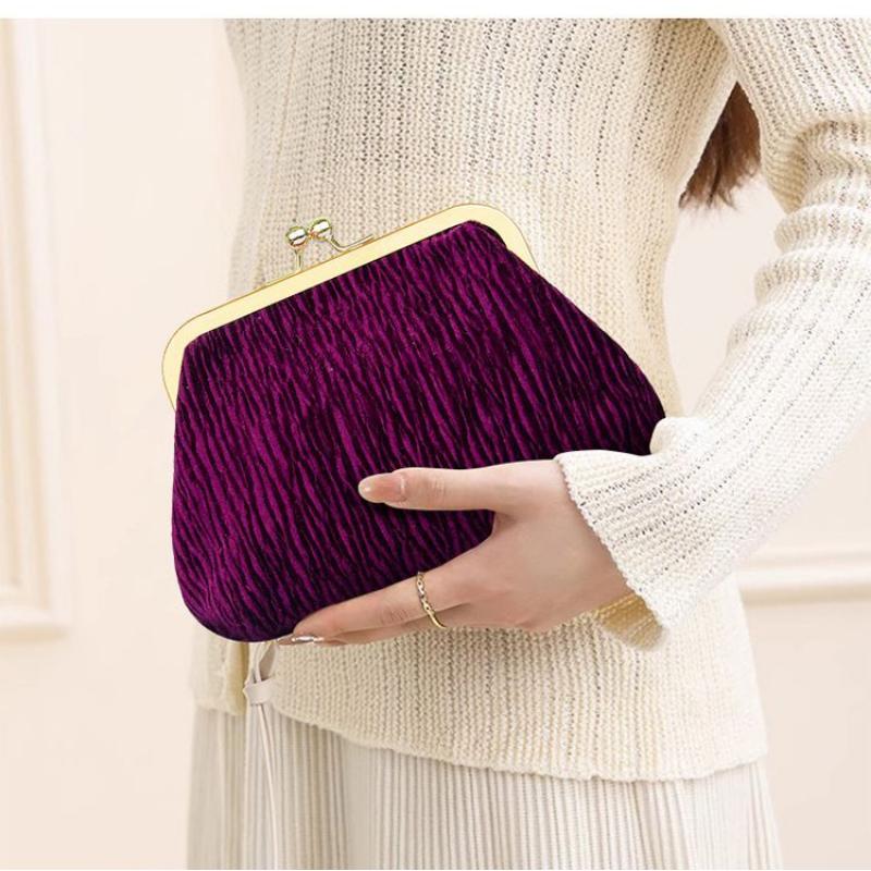 Trendy Sequined Clip Bag Women Portable Travel Makeup Bag Lipstick Corduroy Pu Storage Bag Gold-plated Metal Clip Design Wallet