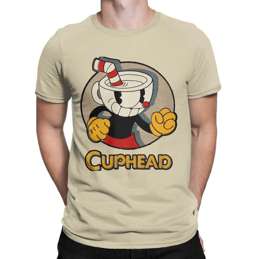 Creative Cuphead And Mugman Angry T-Shirt for Men Crew Neck Pure Cotton T Shirts Retro Games Short Sleeve Tee Shirt Clothing