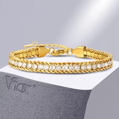 Vnox Full Bling CZ Stones Bracelets for Women,Gold Plated Stainless Steel Ball Beads Cuban Chain Bracelet,Dainty Holiday Jewelry