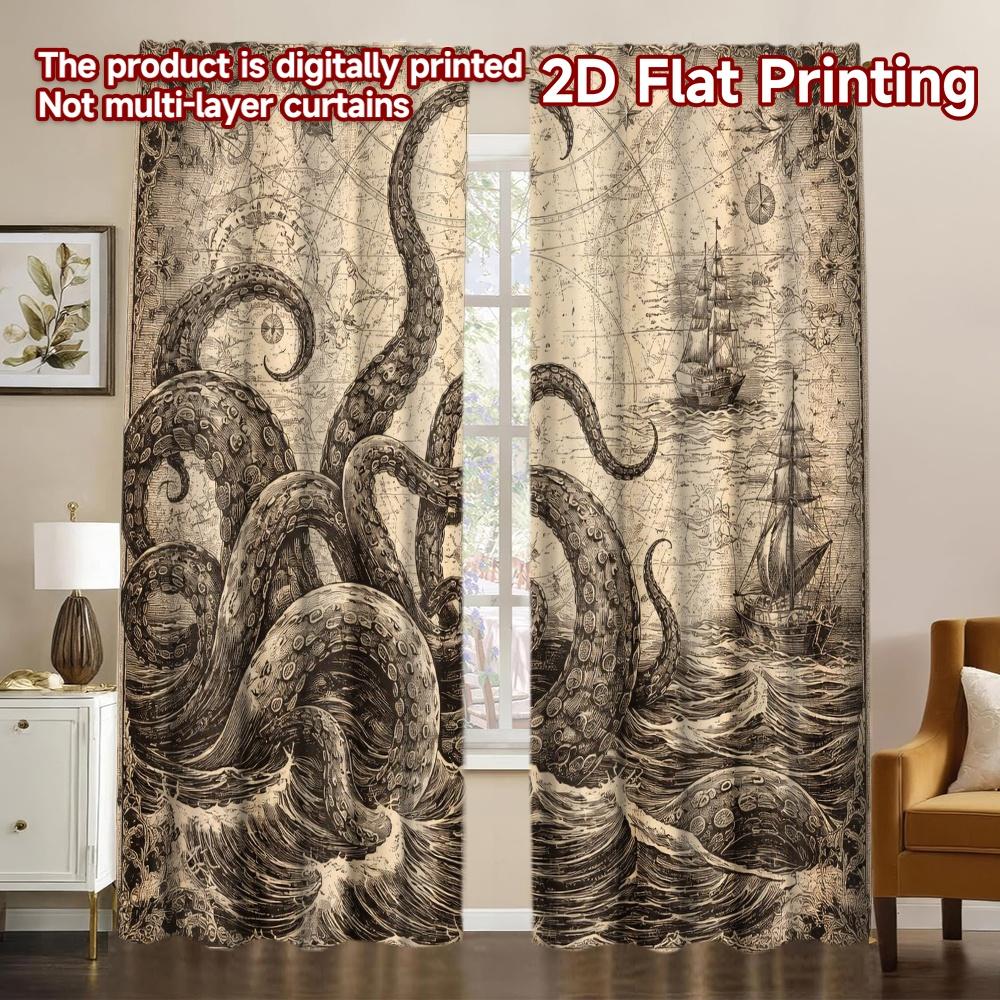 2D FLAT PRINTING 2pcs Curtains (Without Rod) Giant Octopus and Ships(2) Modern Curtains&Drapes Durable Polyester Curtains 60×150cm