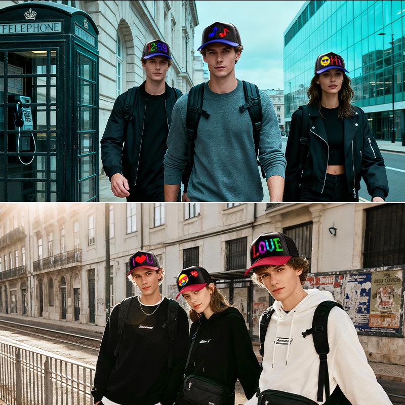 RGB LED Hat with APP Control Programmable DIY Editable (Text, Music, Image, Drawing) Cool Light Up Baseball Cap For Men Women