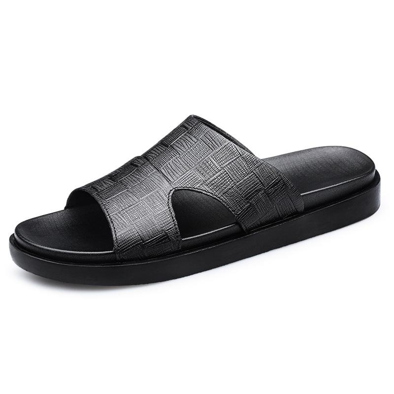 21237 Men'S Shoes Cool Slippers Summer Leather First Layer Cowhide Surface One-Word Slippers Open-Toed Foot Cover Pure Black Sandals Tide