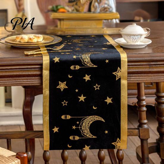 Ferienhaus Zubehör Eid Mubarak Tischläufer, Ramadan Gold Mond Sterne Tischdecke, Islamisches Glücksmuster Tischwäsche Rechteckiges Tuch für Esszimmer Party