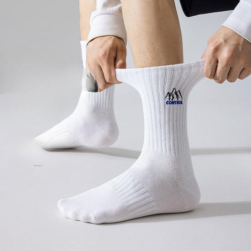 Men's Mid-calf Socks for Autumn and Winter, Solid-colored Cotton Socks, Snow Mountain Embroidery, Versatile and Trendy Socks for Spring and Summer