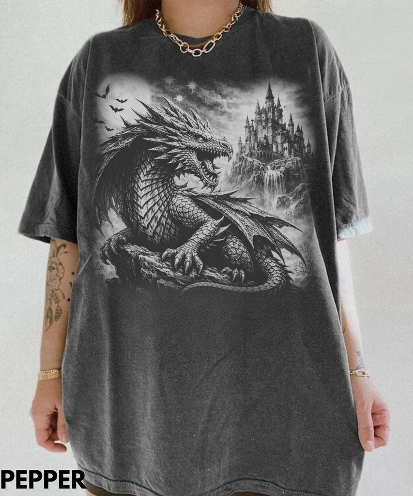 Vintage Dragon Castle 90s Graphic Shirt,Dark Art Dragon Gothic Shirt,Magic Creature Gift,Dark Dragon Fantasy Medieval Gift,Gothic Y2k Shirt
