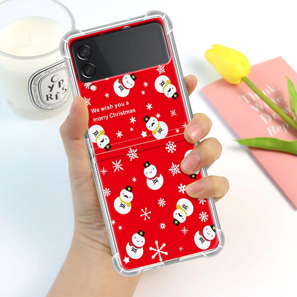 Luxury Case For Samsung Galaxy Z Flip 3 4 5G Funda Z Flip3 Clear PC Hard Shockproof Back Phone Shell Snowman Christmas Cartoon