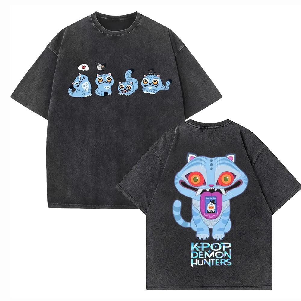 Summer Vintage KPop Demon Hunters Tiger Washed Cotton T-shirts for Men Harajuku Round-neck Heavy Tshirts Oversize Unseix Tee Top