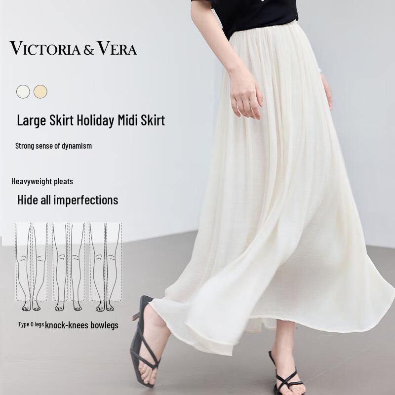 VICTORIA&VERA Women's Cotton Linen Blend Pleated Midi Skirt