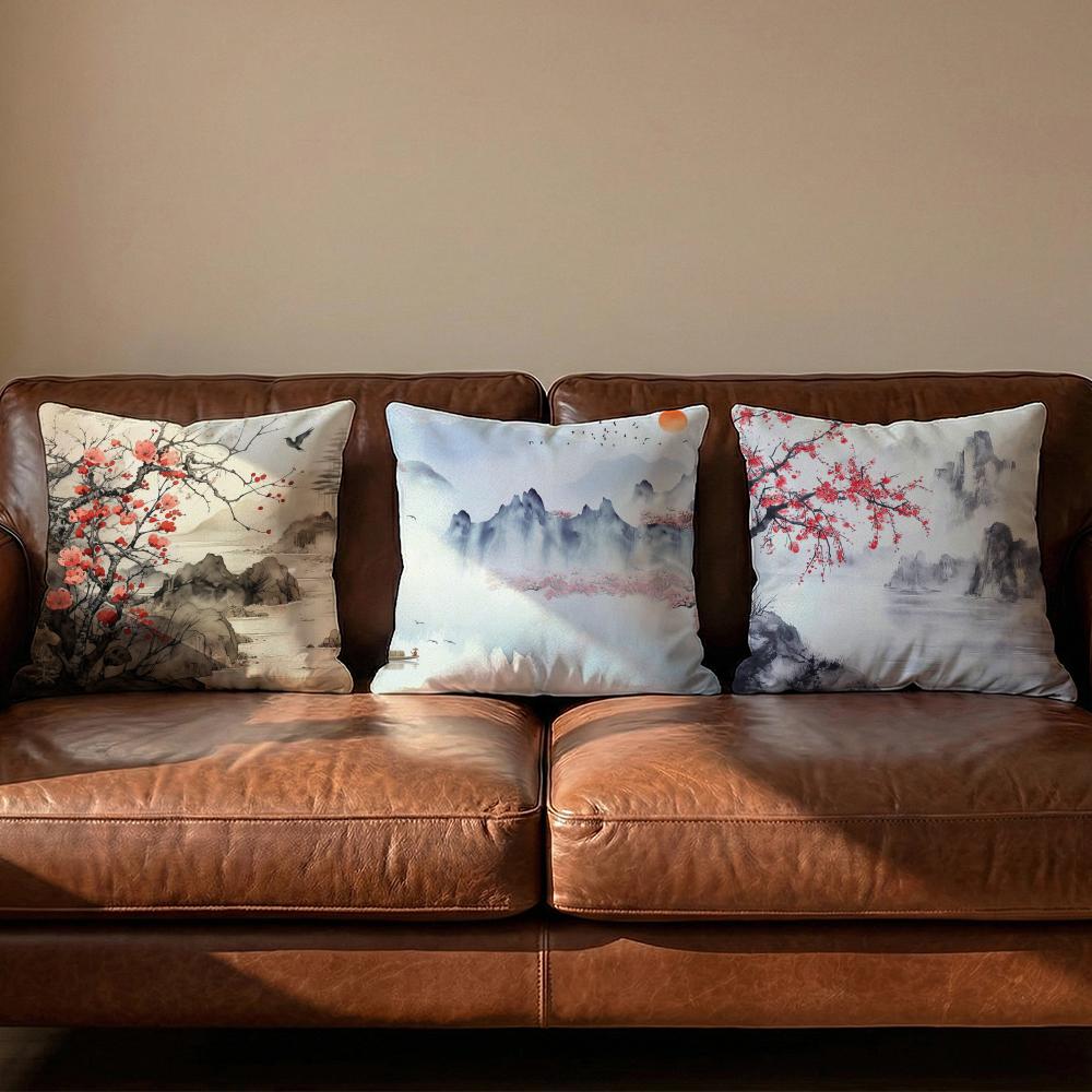Classical Ink Landscape Cushion Cover Soft Reversible Durable Pillow Cover MultiScene Use for Home Car Daily Comfort